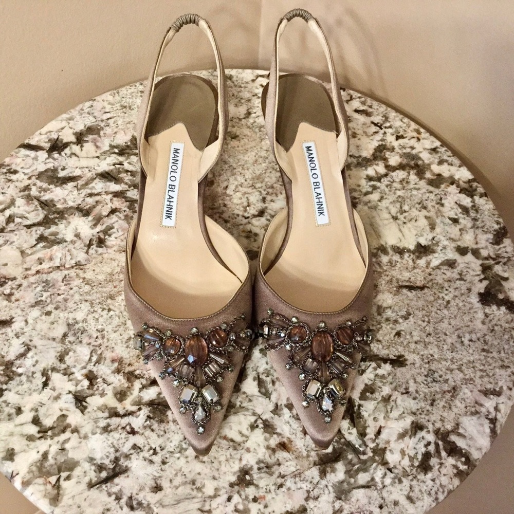 Manolo Blahnik Taupe Embellished Slingback Heels